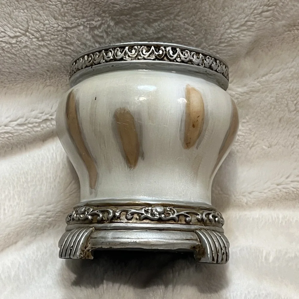 Marble Look Footed Tumbler Brown Great For Bathroom Organizer‎ EUC